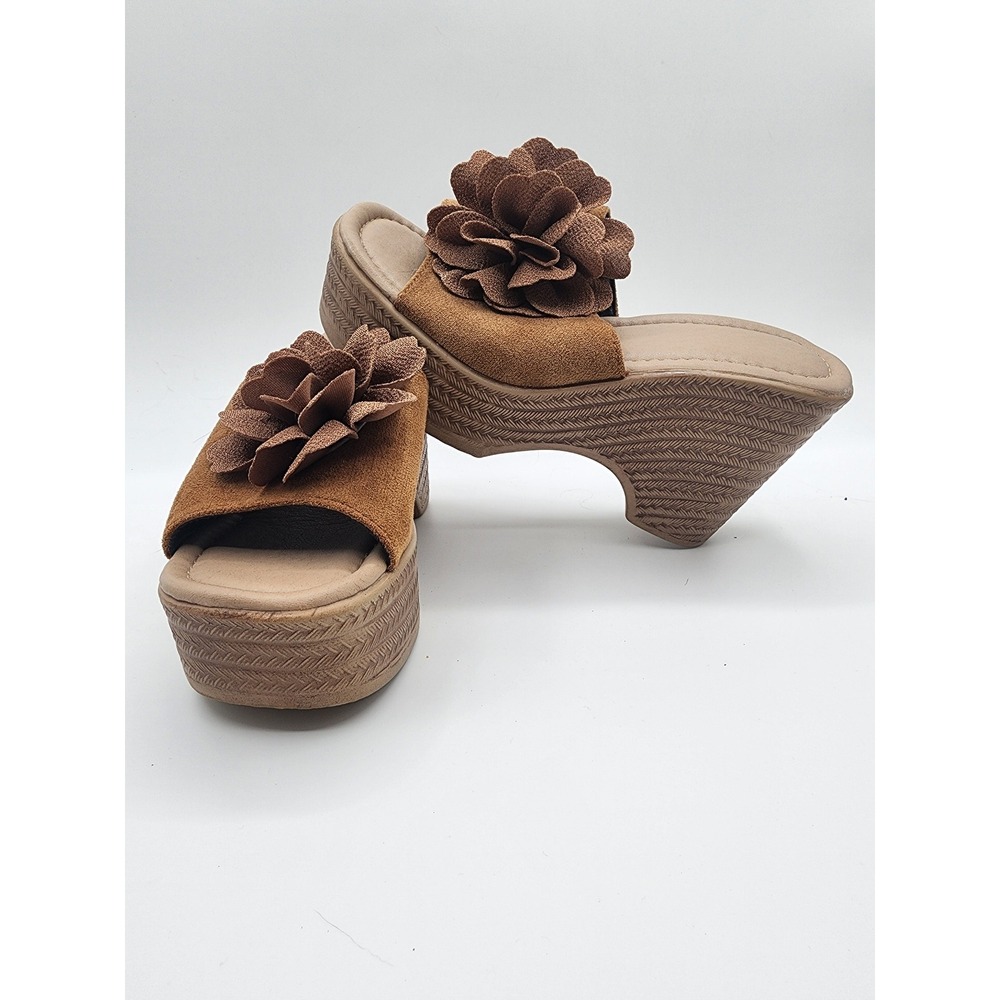 Brown Flower Platform Wedge Slide Sandals Size 36
